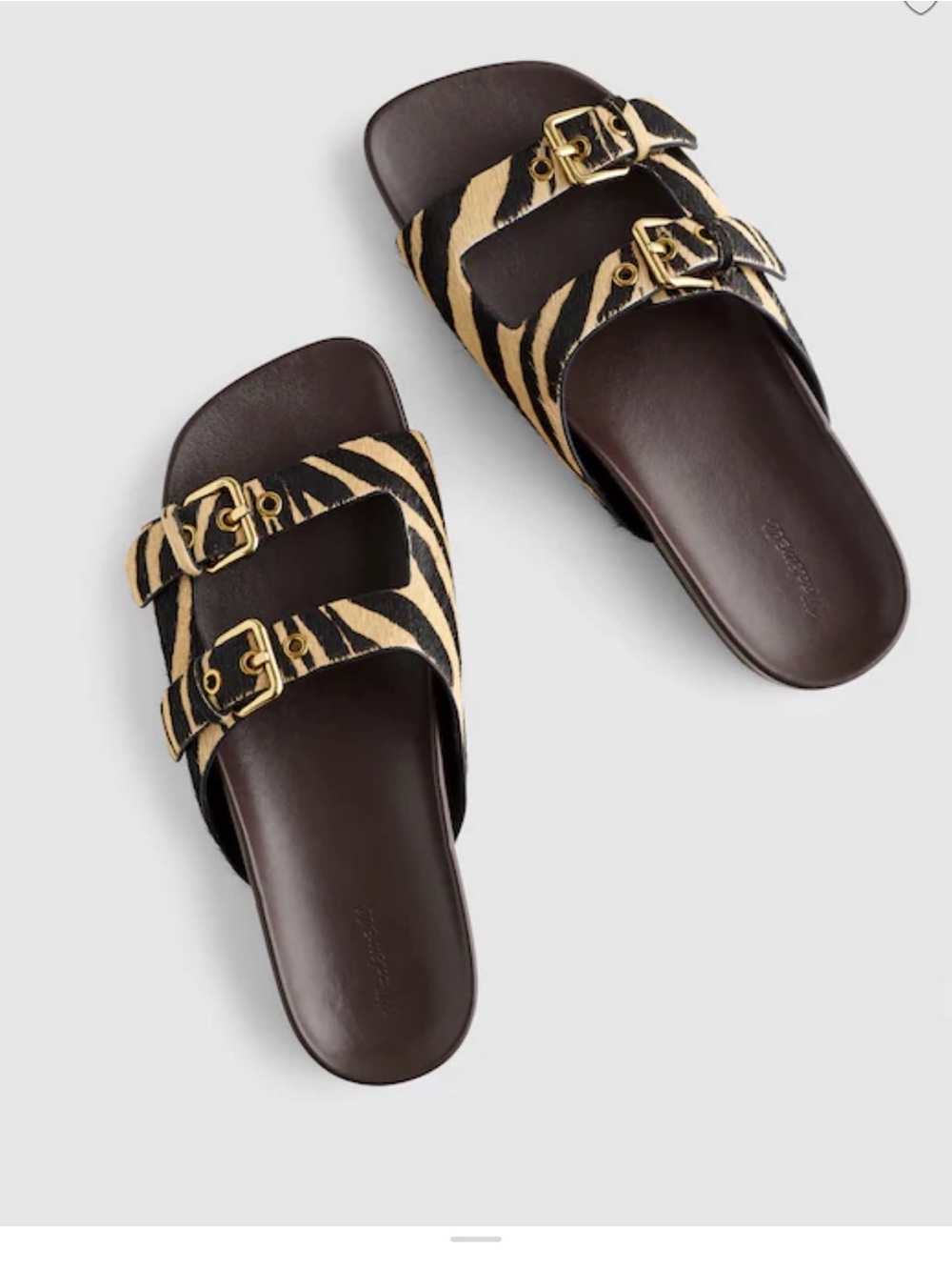 Madewell Zebra-Print Double Buckle Slides in Black and Tan